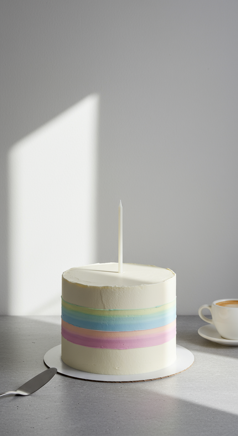 Weiße Torte mit horizontalen Pastellstreifen und einer einzelnen weißen Kerze.