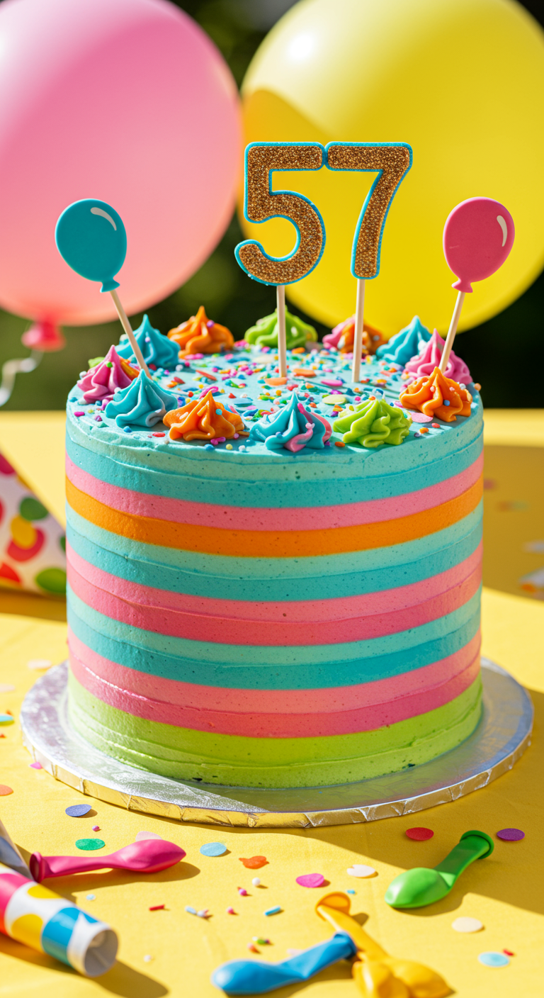 Farbenfroh gestreifte Torte mit Streuseln und Ballon-Toppern.