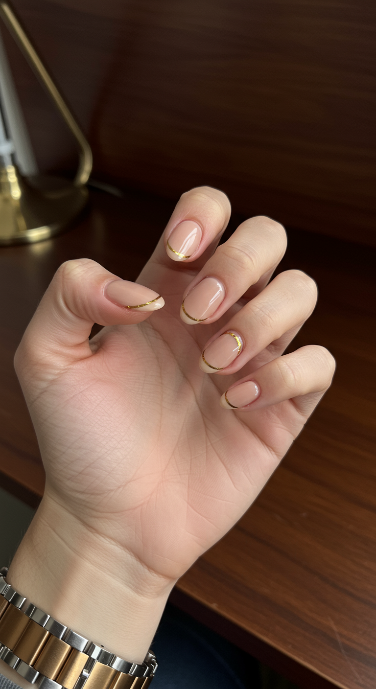 Kurze ovale Nägel mit Nude-Basis, dünner goldener French-Spitze und goldener Nagelhautlinie.