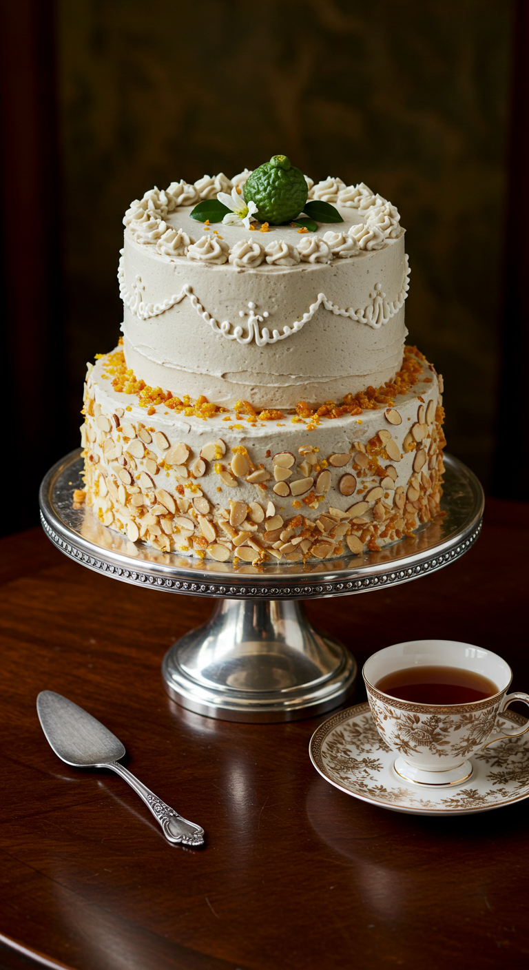 Elegante zweistöckige Torte mit Mandelblättchen, Spritzdekor und Bergamotte-Frucht.