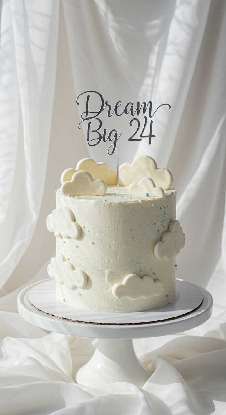 Weiße Torte mit Fondant-Wolken, blauen Streuseln und „Dream Big 24“ Topper.