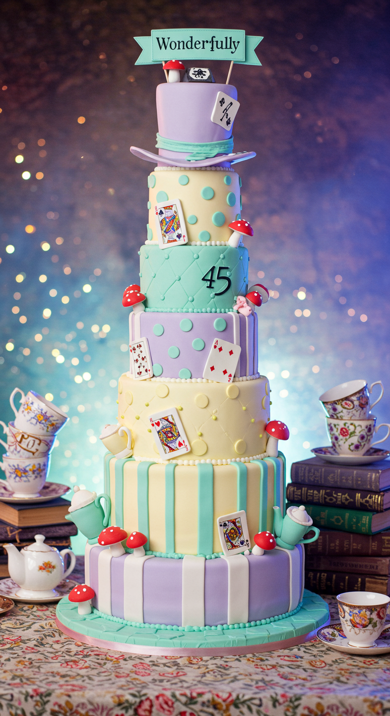 Mehrstöckige, bunte Alice-im-Wunderland-Torte mit Spielkarten und Pilzen.