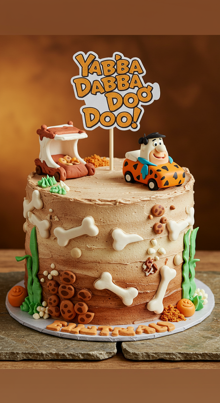 Fred Feuerstein Torte mit Steinoptik, Knochen und Yabba Dabba Doo Topper.