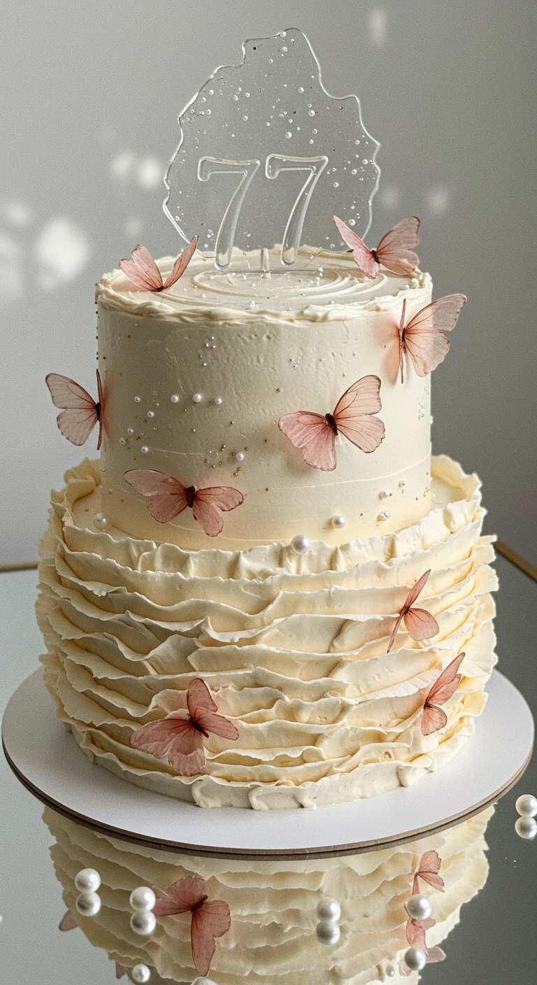 Zweistöckige Cremetorte mit Buttercreme-Rüschen und rosa Esspapier-Schmetterlingen.