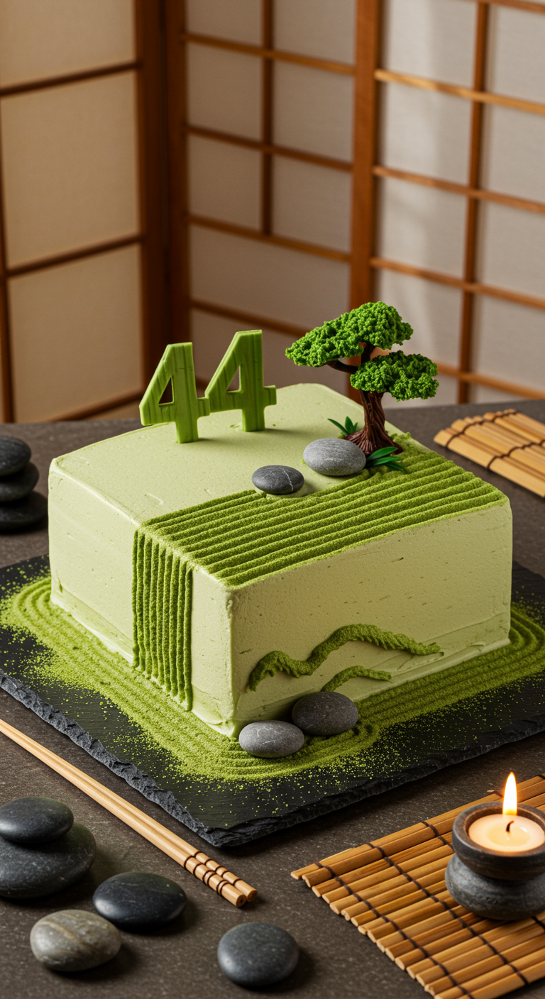Quadratische grüne Matcha-Torte dekoriert als Zen-Garten mit Steinen und Bonsai.