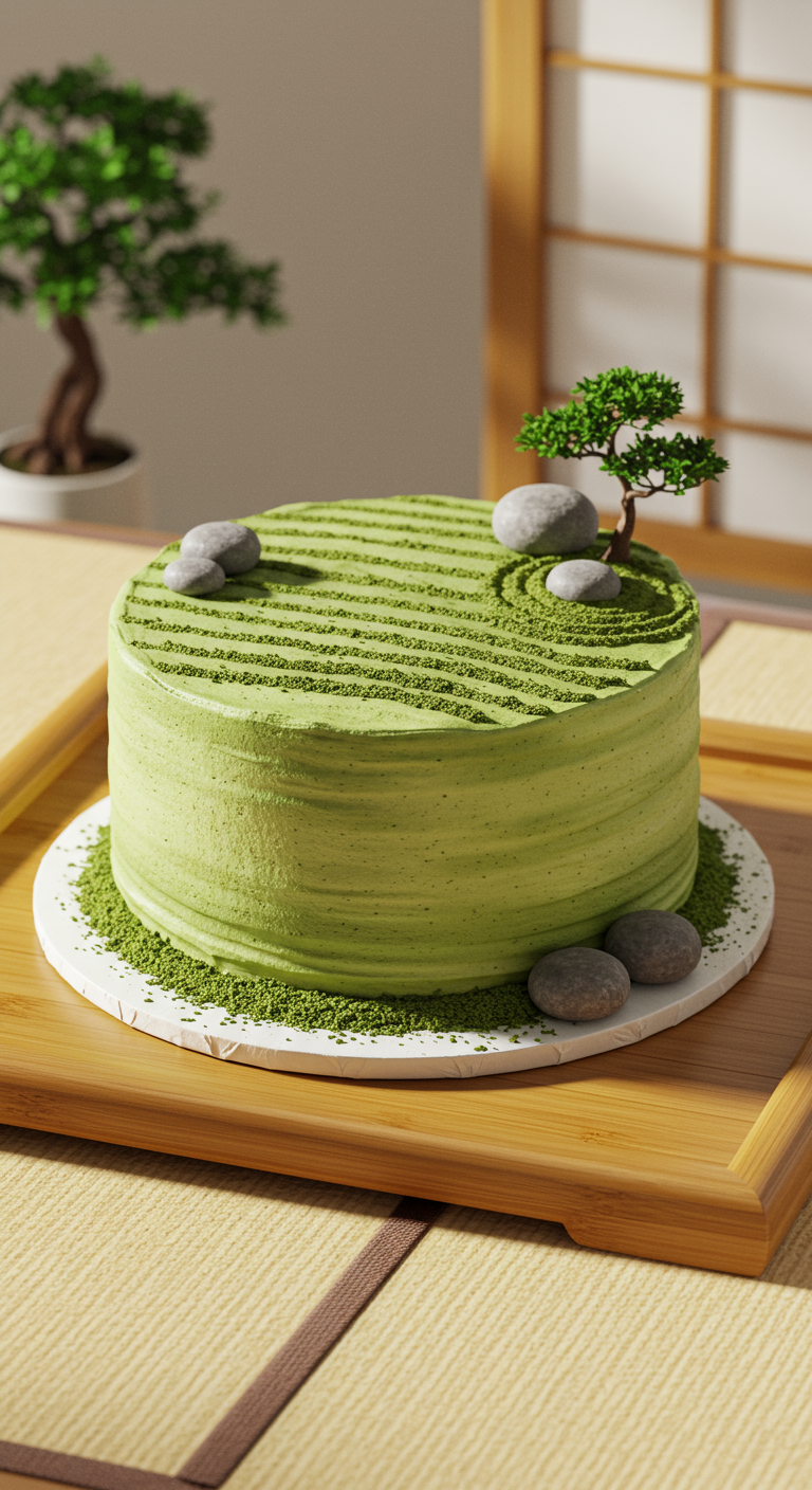 Grüne Matcha-Torte, dekoriert wie ein japanischer Zen-Garten mit Steinen.