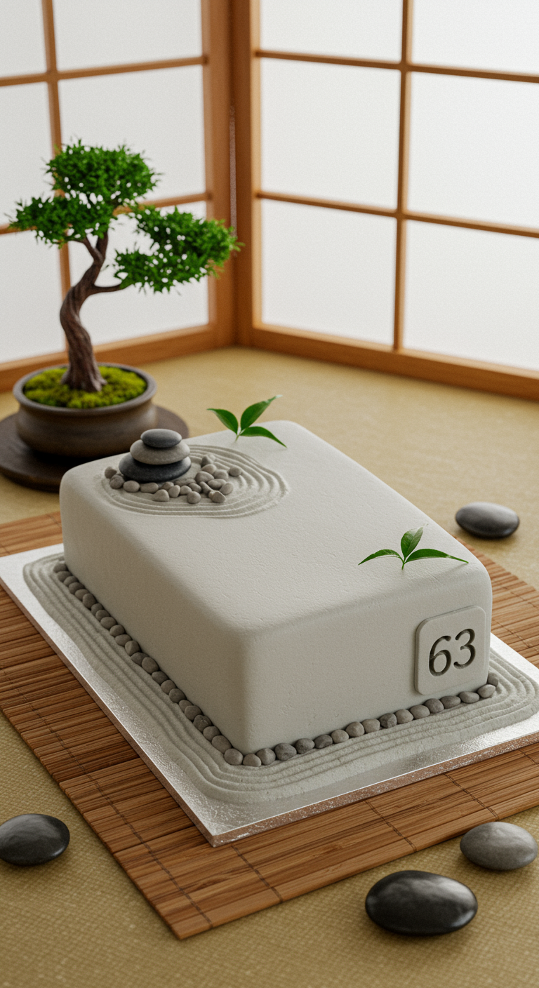 Rechteckige Torte als Zen-Garten gestaltet, mit geharktem Sand, Steinen und grünen Blättern.