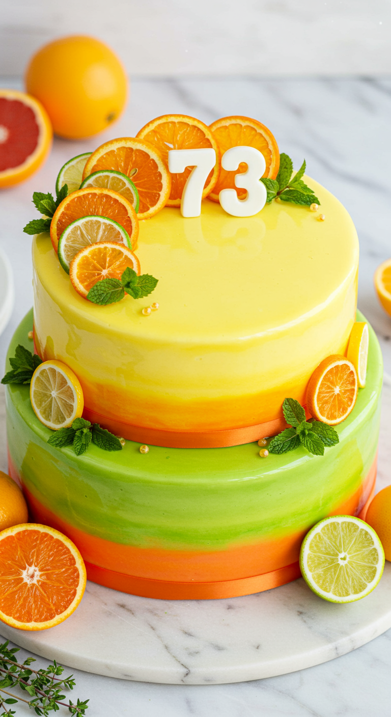 Zweistöckige Glanztorte in Gelb-Orange-Grün mit Zitrusscheiben und Minze.