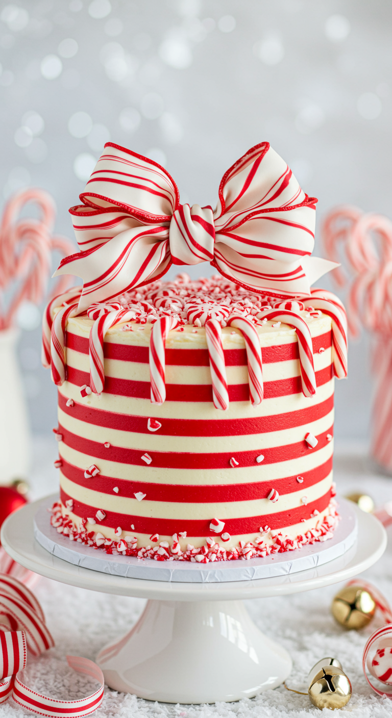 Rot-weiß gestreifte Torte mit einer großen Schleife aus Zuckerstangenmuster und Zuckerstangenstücken.