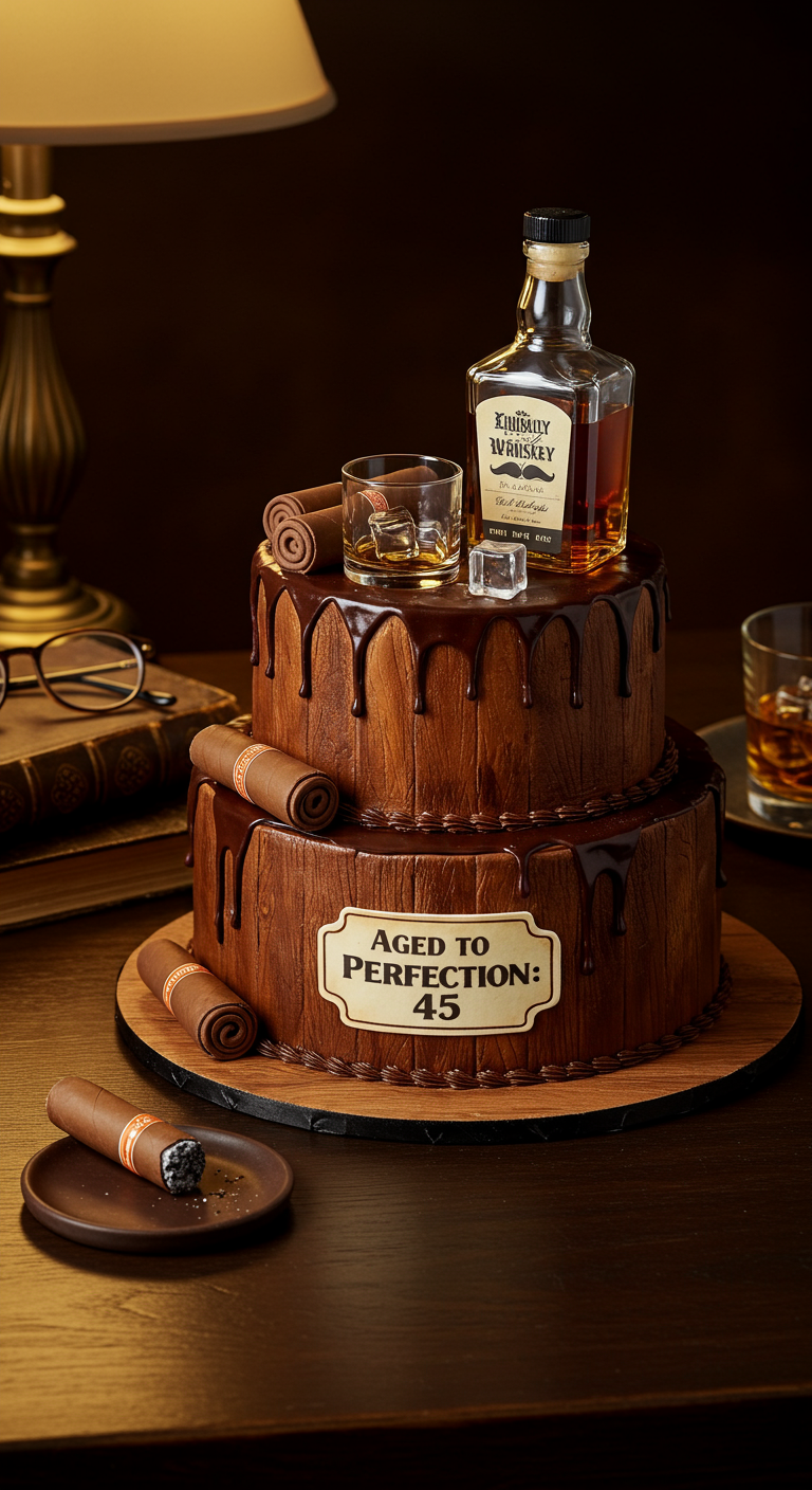 Zweistöckige Torte in Holzoptik mit Schoko-Drip, Fondant-Zigarren und Whiskeyflasche.