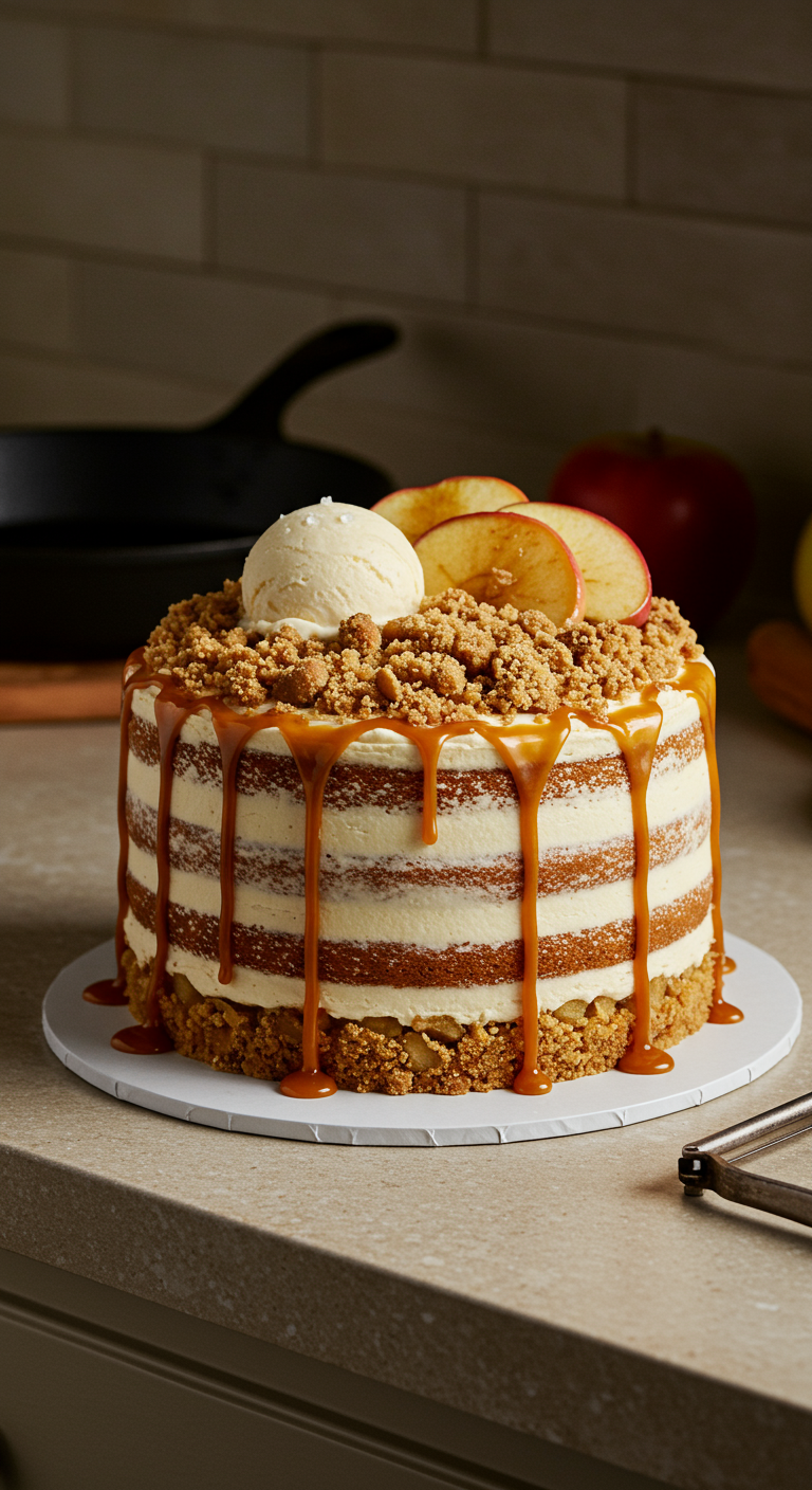 Naked Cake mit Apfel, Streuseln, Karamell-Drip und einer Kugel Eis.