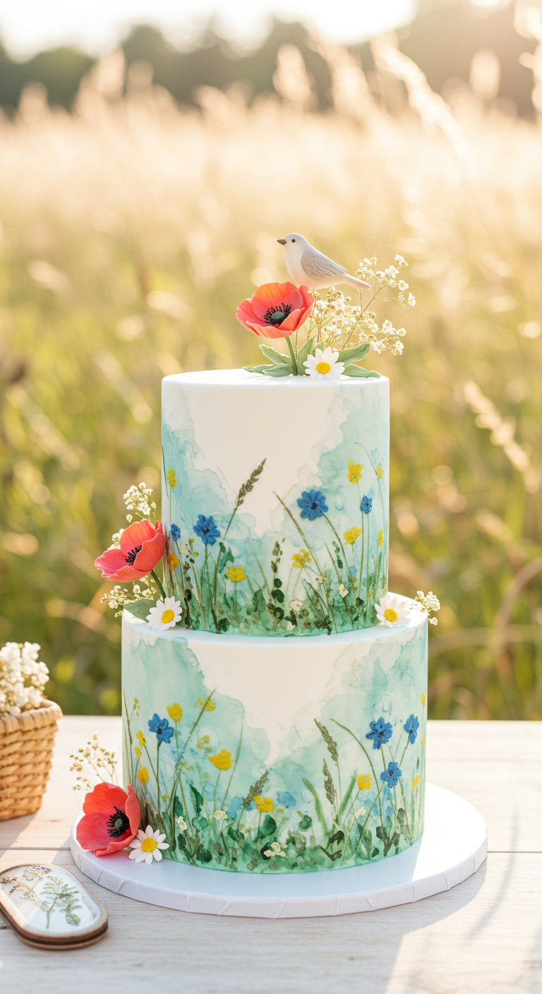 Zweistöckige weiße Torte mit handgemalten Aquarell-Wildblumen und Zuckerblumen-Toppern.
