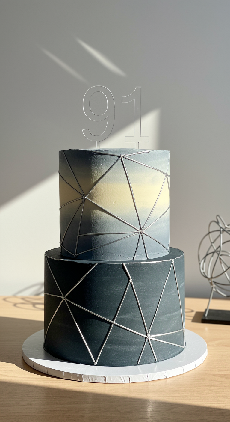 Zweistöckige blau-graue Torte mit geometrischen Silberlinien und Zahl 91.