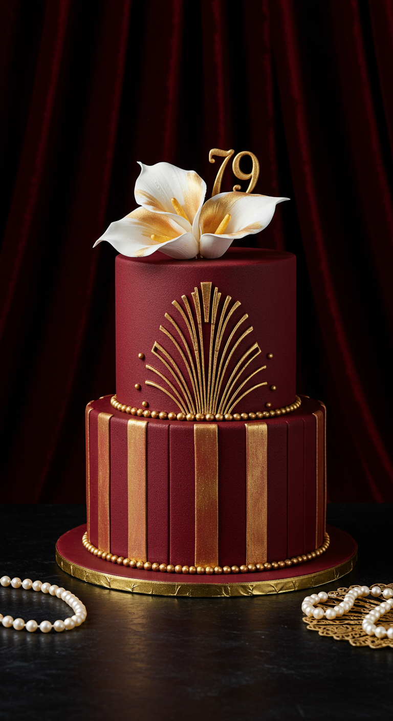 Zweistöckige bordeauxrote Torte mit goldenen Art-Déco-Mustern und weißer Calla-Lilie.