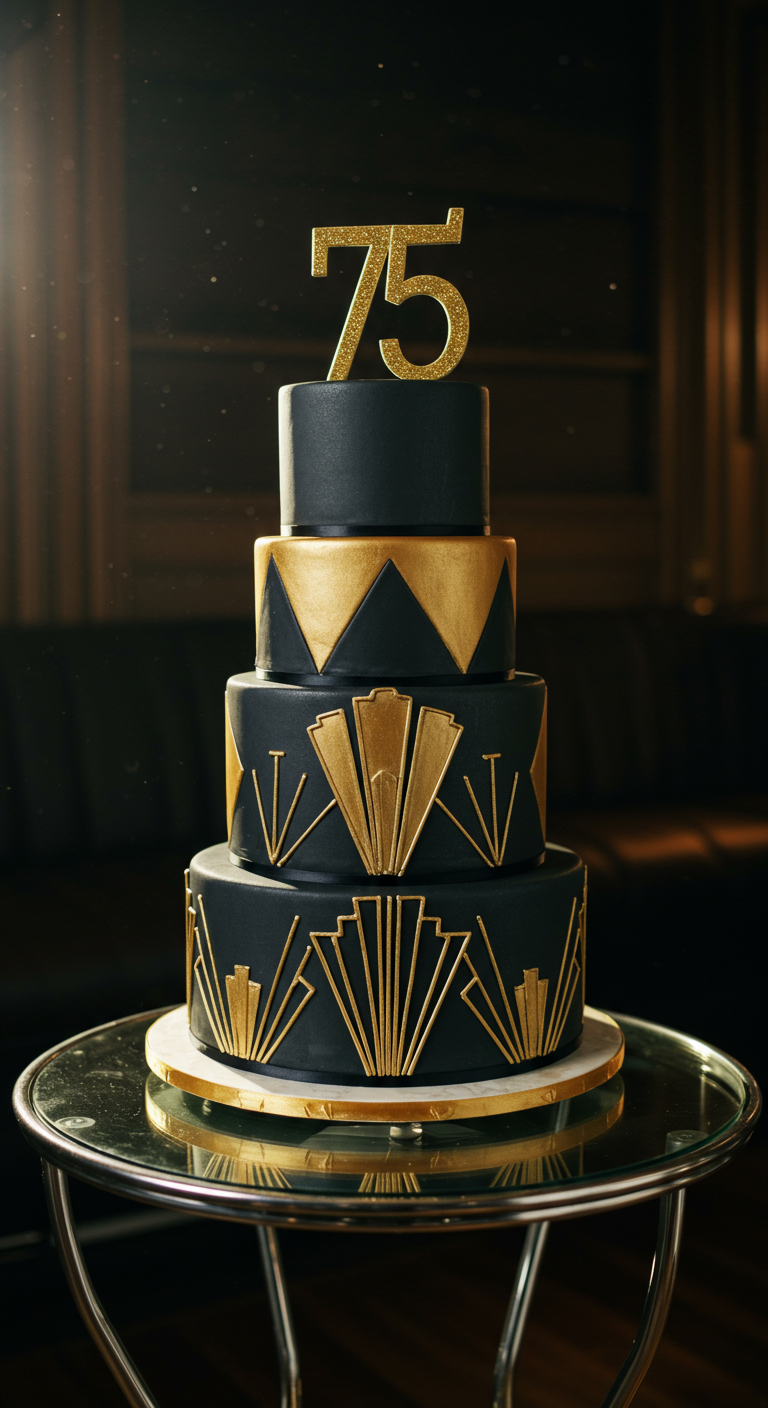 Vierstöckige schwarze Torte mit goldenen Art-déco-Mustern und glitzerndem 75-Topper.