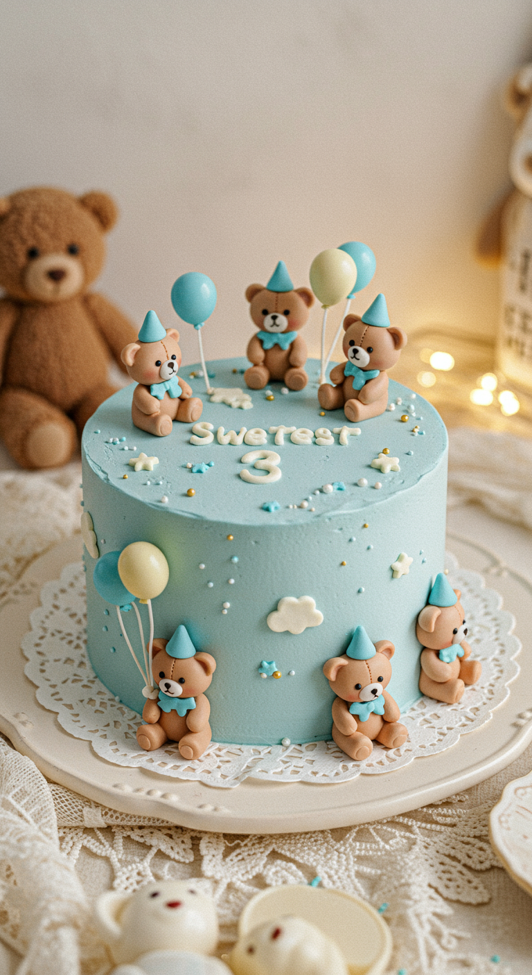 Hellblaue Torte mit kleinen Fondant-Teddys, Partyhüten und Ballons.
