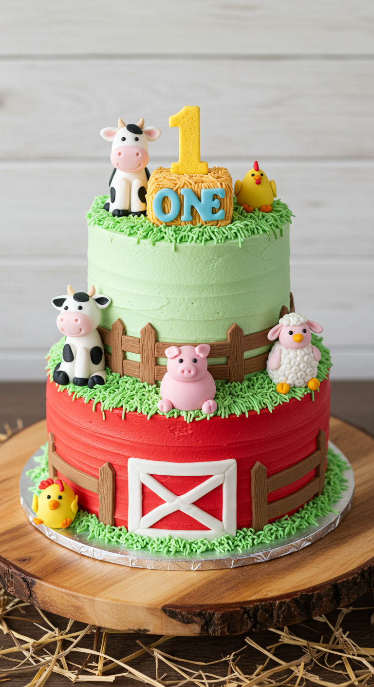 Zweistöckige Bauernhoftorte mit Fondant-Tieren, Gras aus Buttercreme und Zaun.