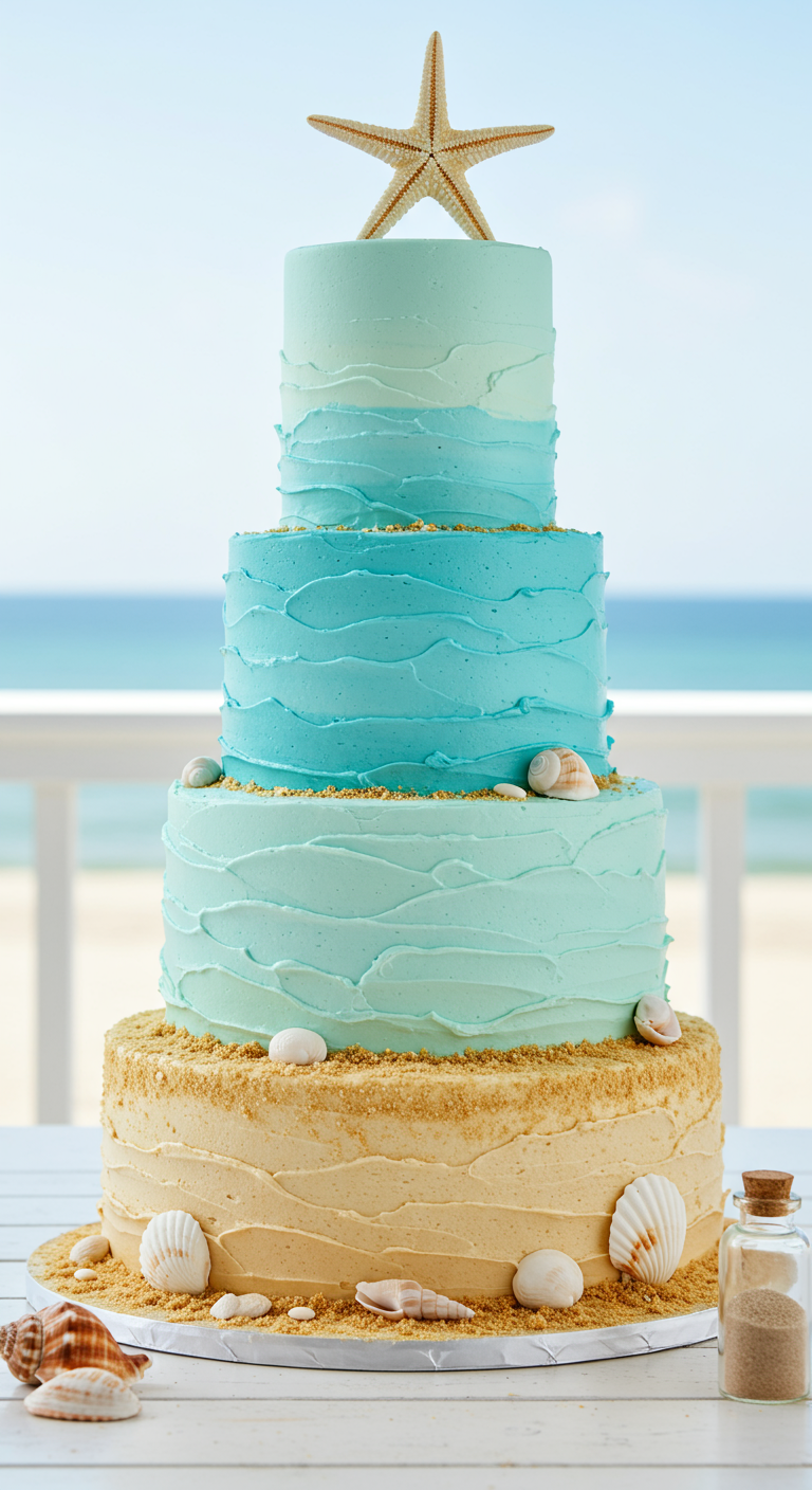 Vierstöckige Strandtorte mit Sand-Optik, blauen Wellen, Muscheln und Seestern.