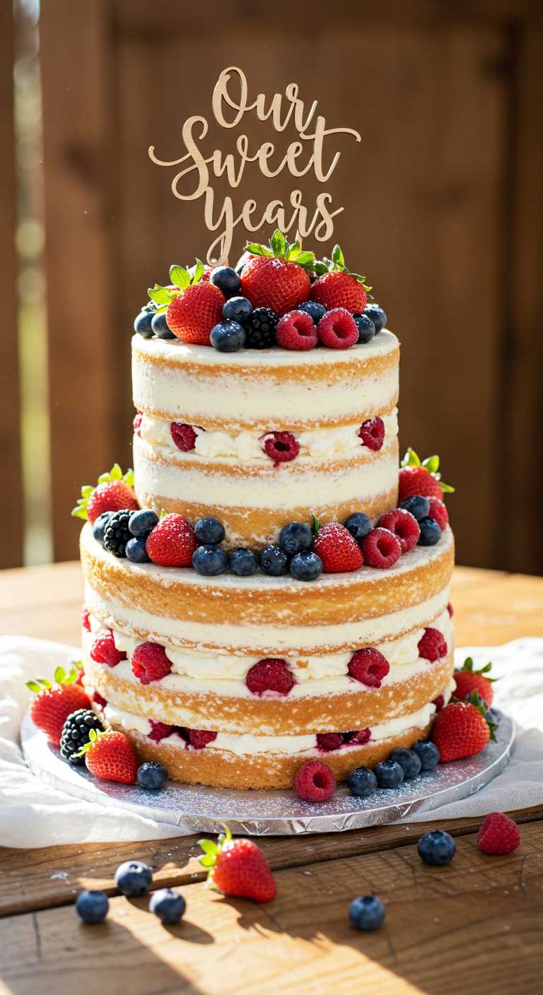 Naked Cake üppig mit frischen Beeren und Puderzucker dekoriert.