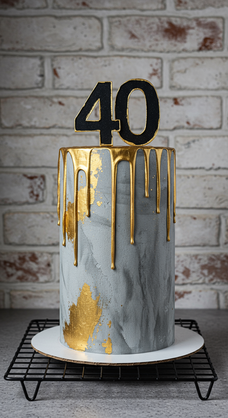 Graue Betontorte mit Gold-Drip und schwarz-goldenem 