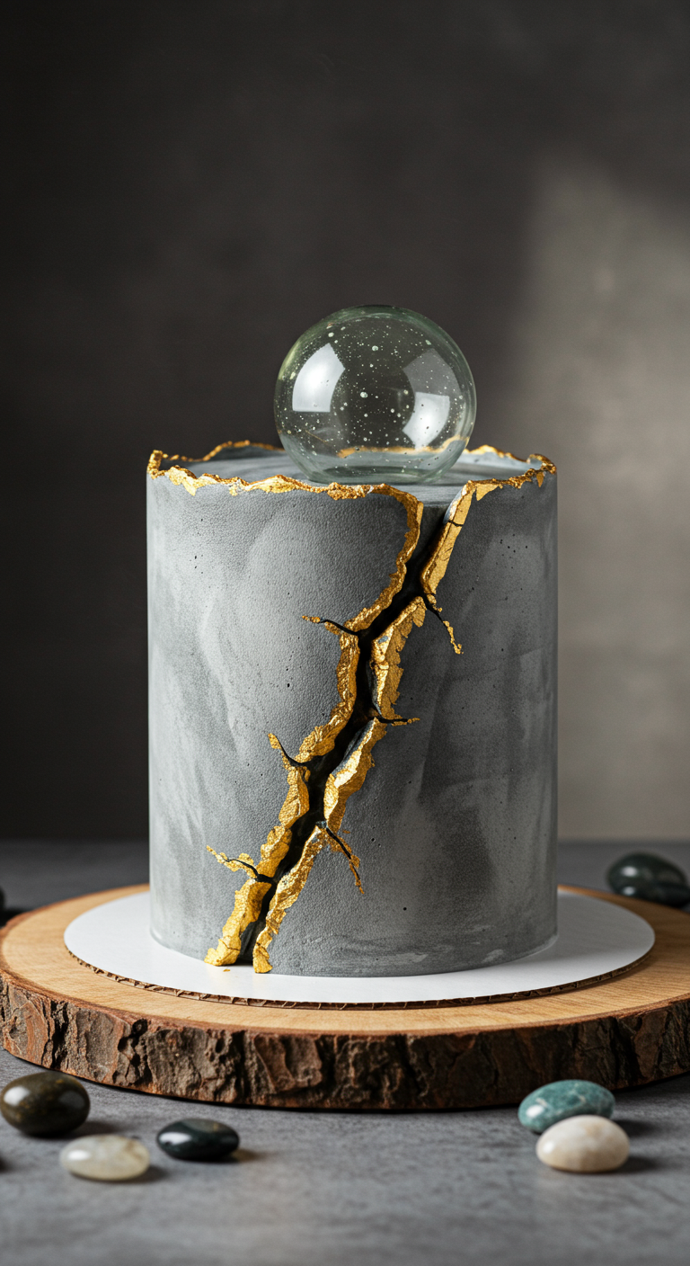 Graue Torte in Beton-Optik mit einem goldenen Riss in der Mitte und klarer Kugel obenauf.