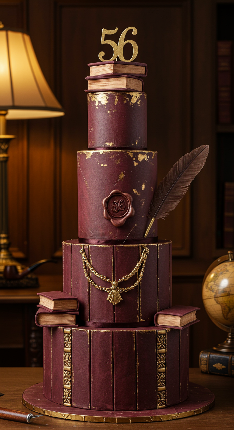 Mehrstöckige Torte in Form von alten Büchern in Bordeauxrot mit goldenen Details.