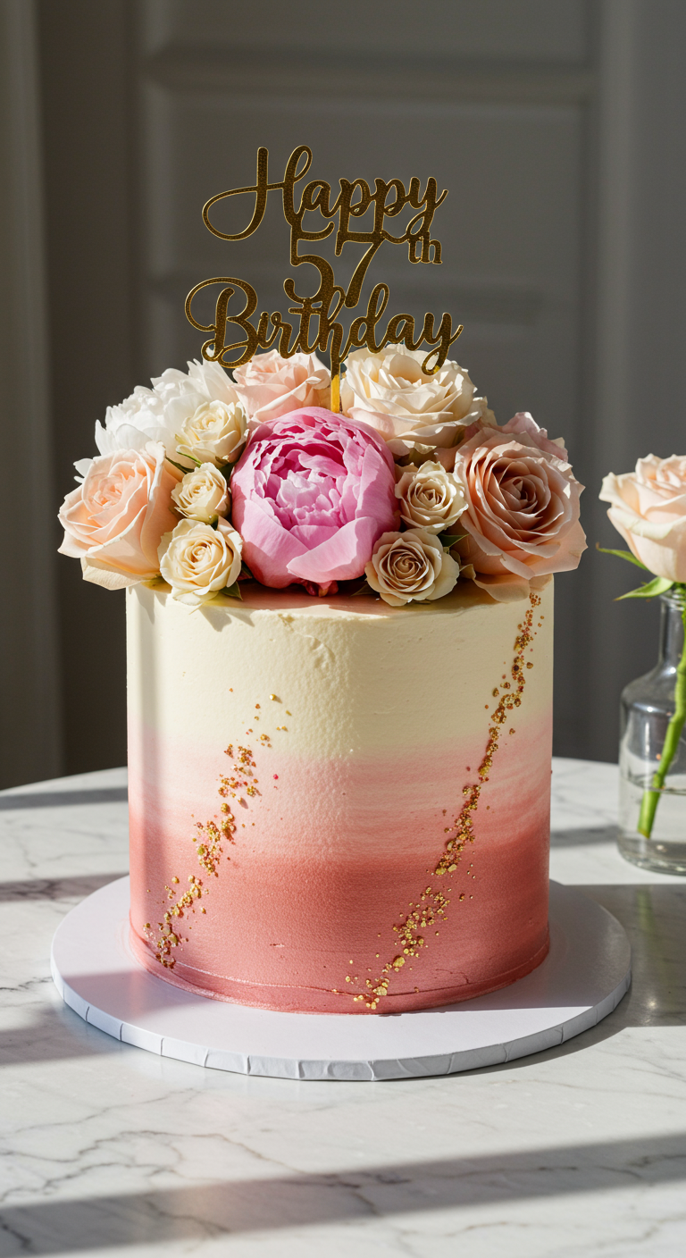 Torte mit rosa-weißem Ombré, Goldspritzern und üppigen frischen Blumen.