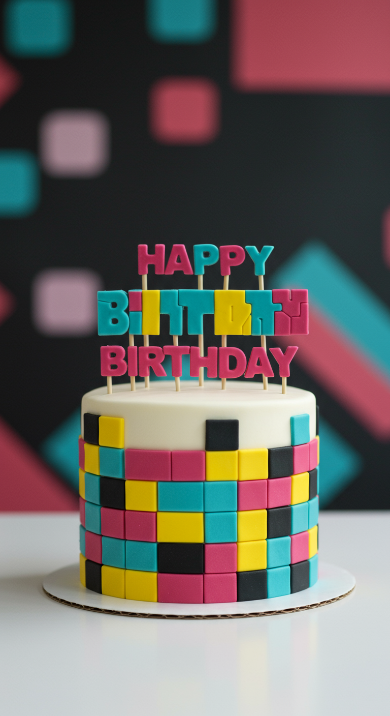 Weiße Torte mit bunten geometrischen Blöcken und Happy Birthday Buchstaben-Topper.