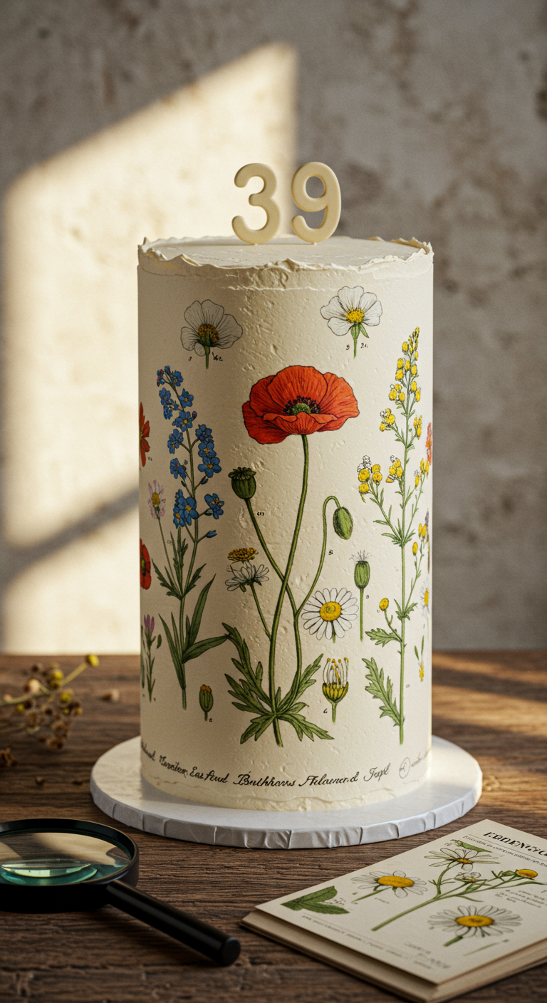 Weiße Torte mit aufgemalten botanischen Blumen und 39-Topper.