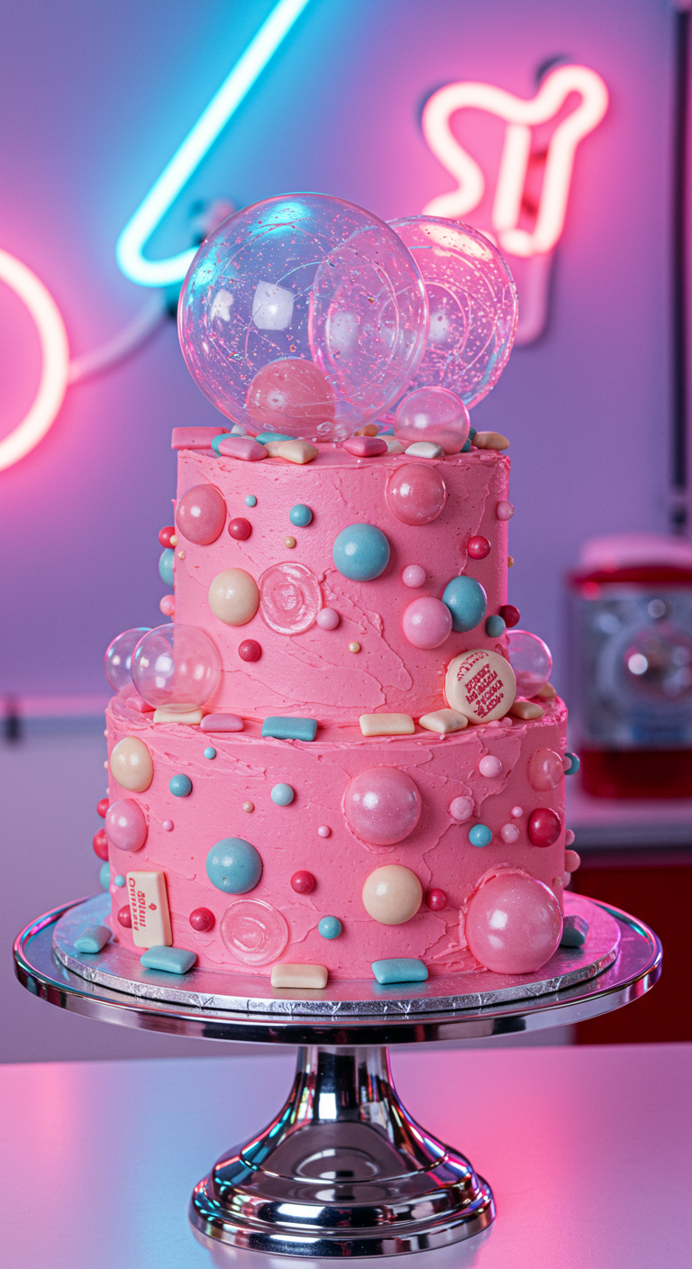 Zweistöckige pinke Torte, dekoriert mit bunten Kaugummikugeln und durchsichtigen Gelatine-Blasen.