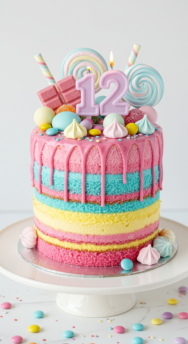 Hohe Torte mit sichtbaren bunten Pastell-Kuchenschichten, pinkem Drip und vielen Süßigkeiten.