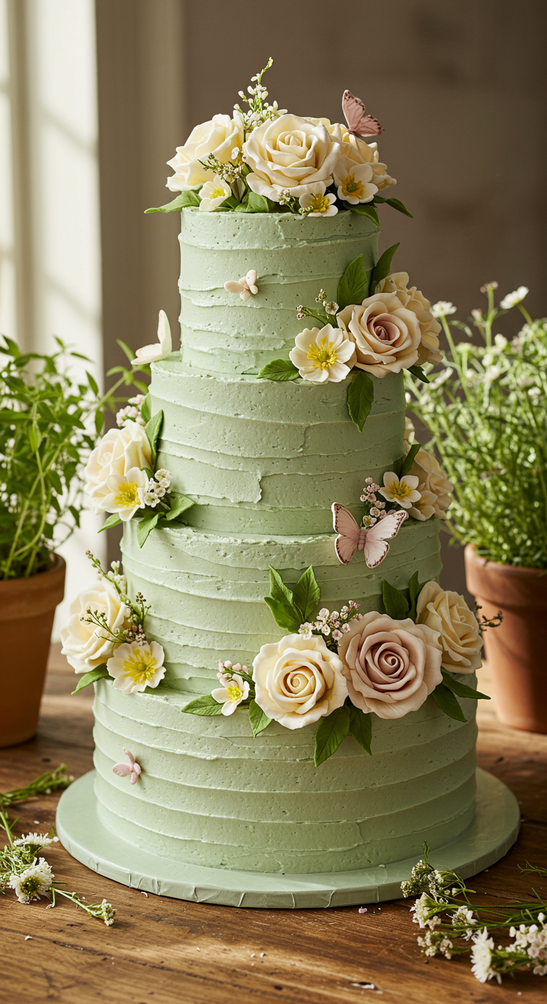 Mehrstöckige hellgrüne Torte mit Rillenstruktur und Dekoration aus Zuckerblumen und Schmetterlingen.