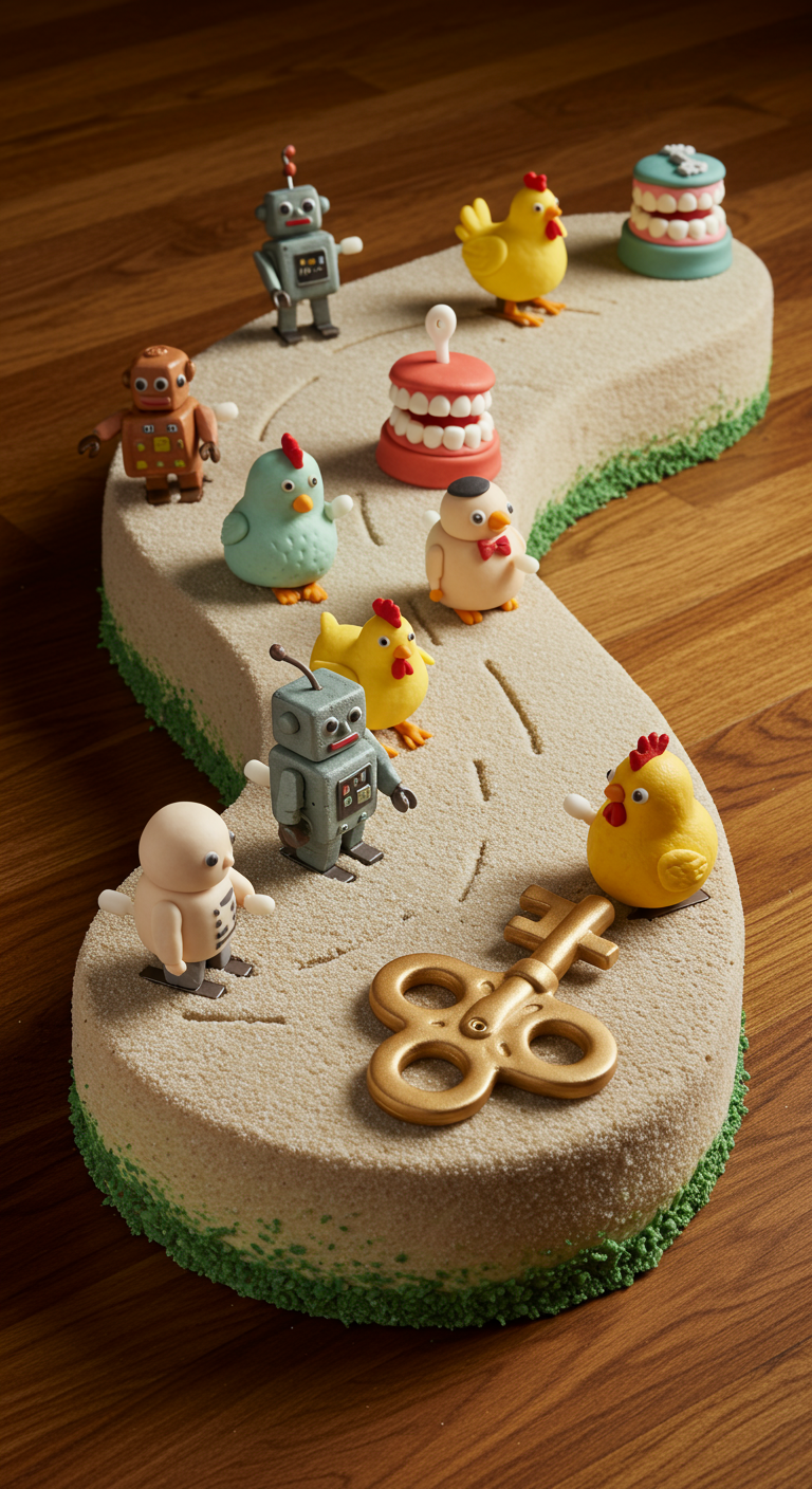 Fragezeichen-förmige Torte mit Sand-Textur und verschiedenen kleinen Spielzeugfiguren.