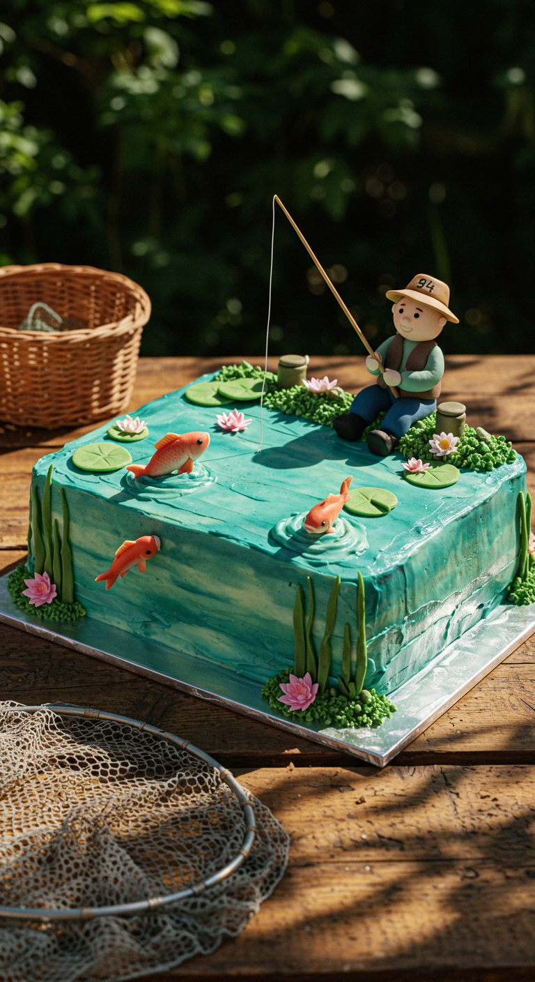 Kuchen mit Anglerszene, einer Anglerfigur und orangefarbenen Fischen im Wasser.