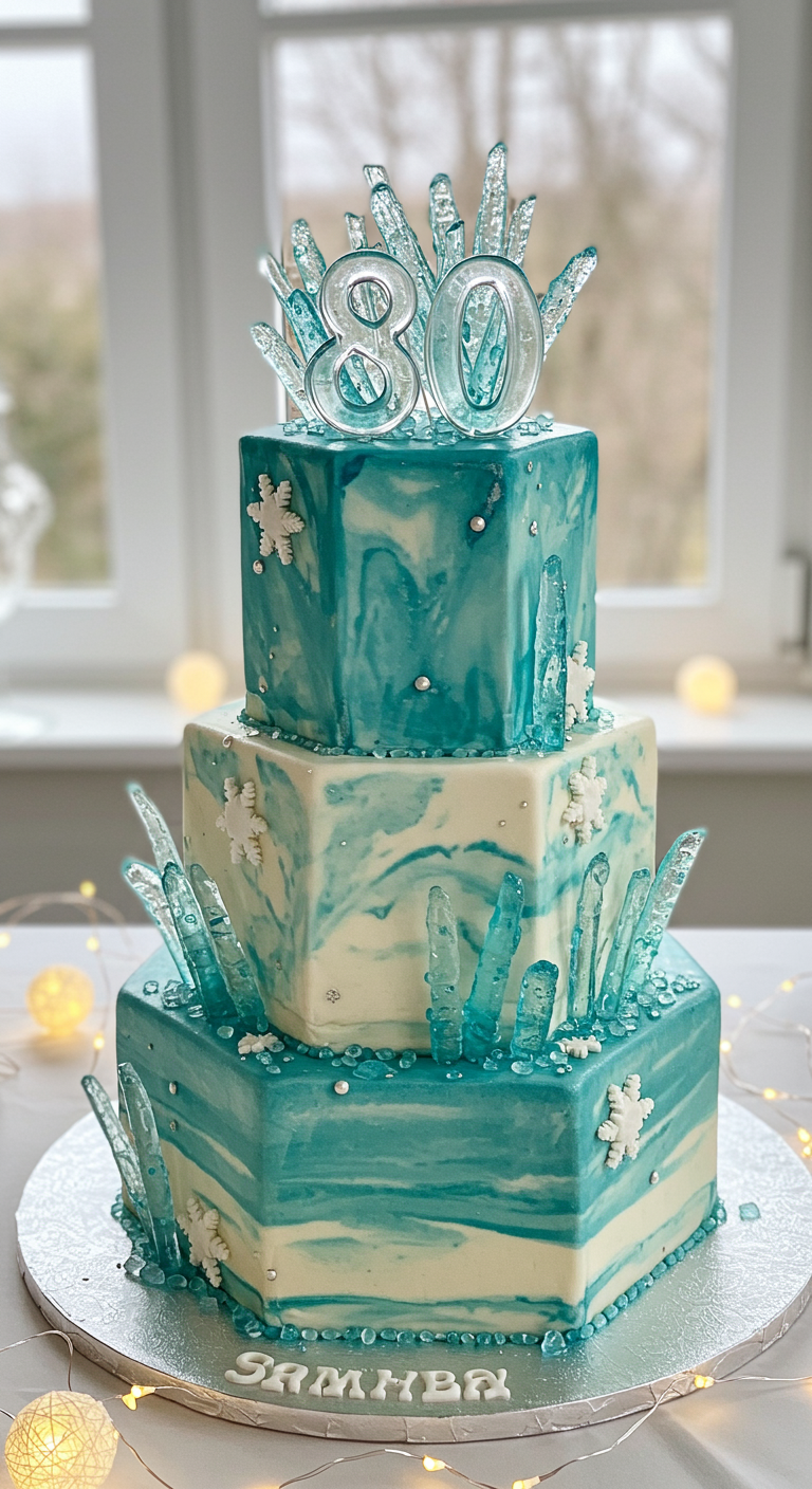 Dreistöckige sechseckige Torte in Blau-Weiß-Marmoroptik mit Eiskristallen aus Zucker.