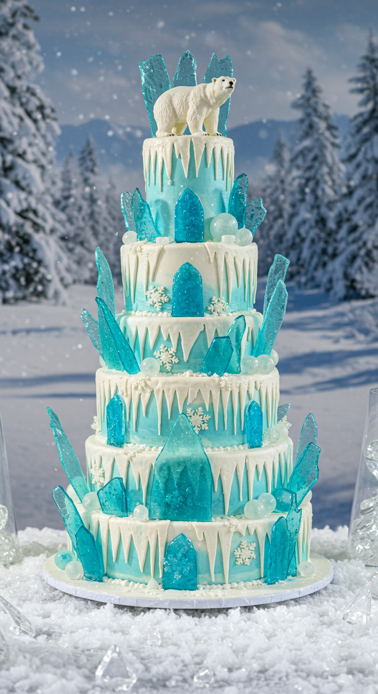 Mehrstöckige, blau-weiße Eiskönigin-Torte mit Eiszapfen aus Isomalt und Schneeflocken.