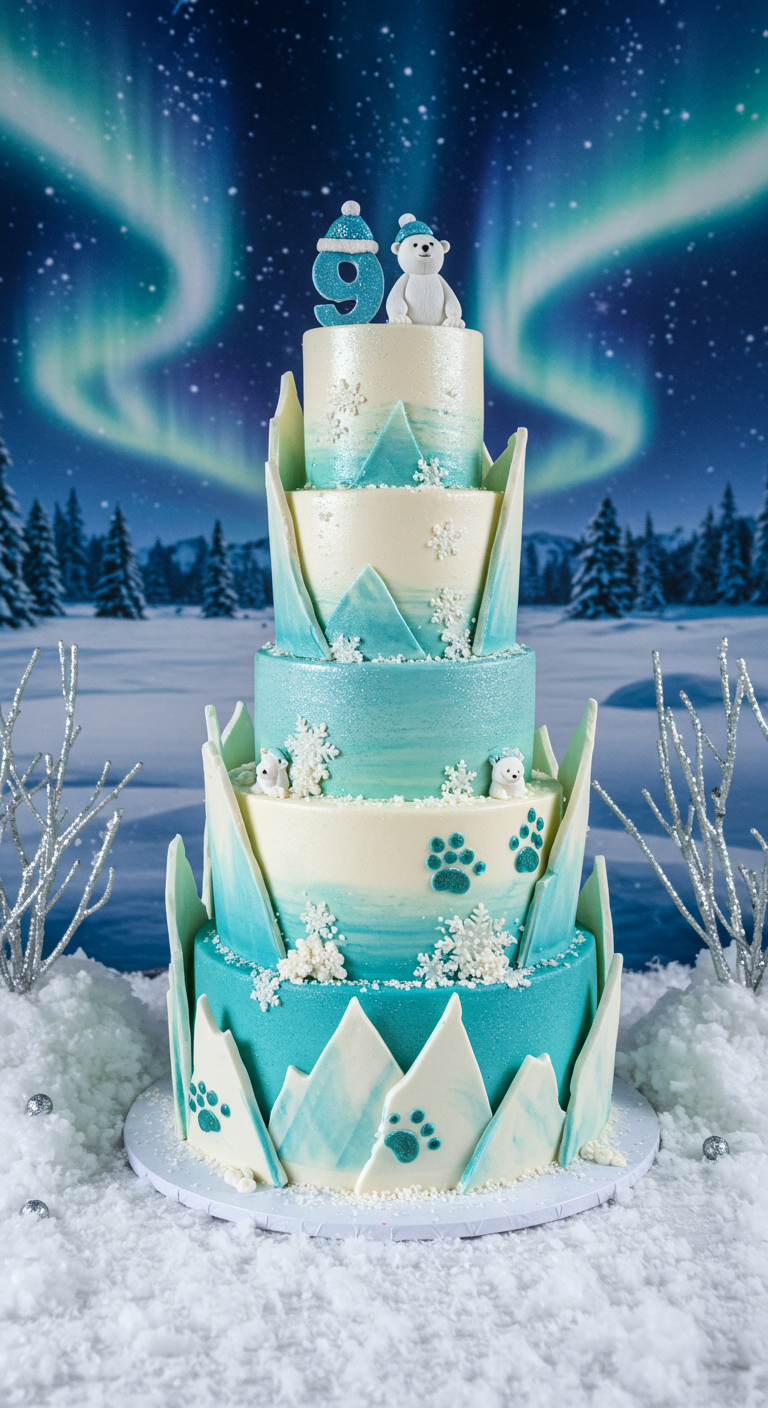 Mehrstöckige arktische Torte in Weiß und Eisblau mit Eisbären, Schneeflocken und Eisschollen.