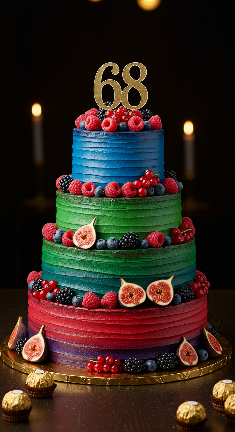Mehrstöckige Torte in Blau, Grün, Rot mit Beeren, Feigen und Gold-Topper