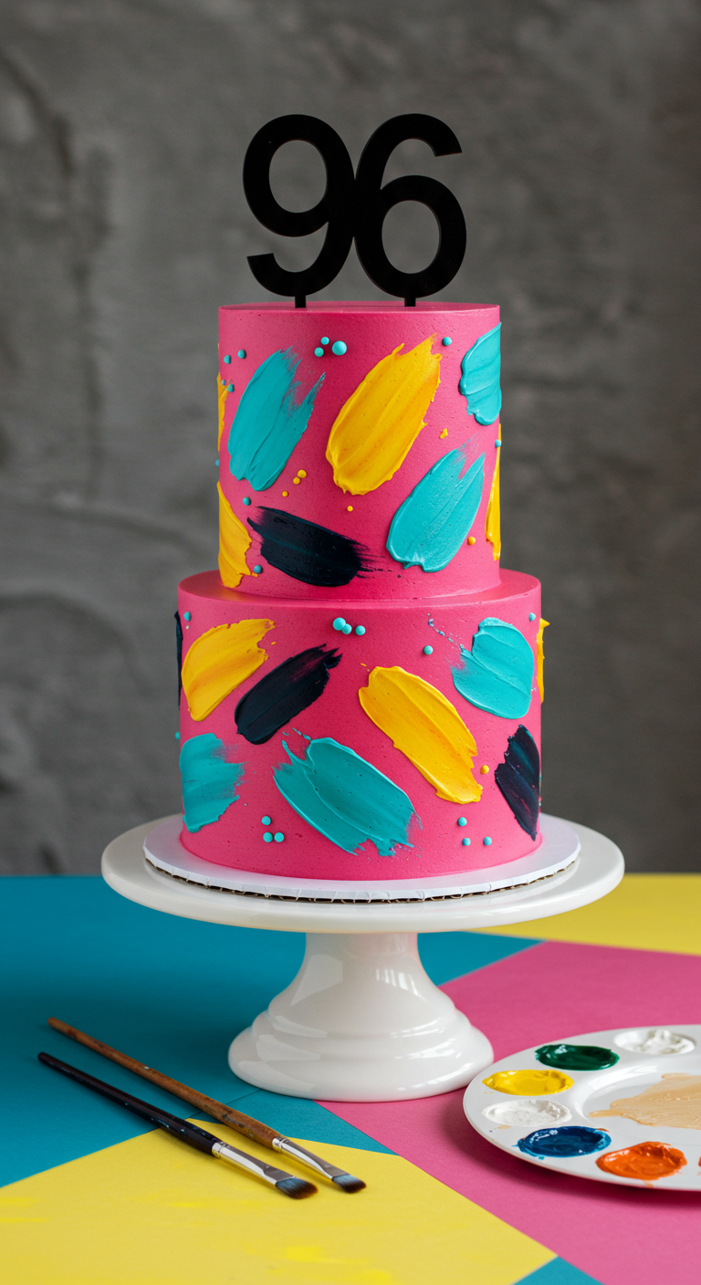 Zweistöckige pinke Torte mit abstrakten Farbtupfern in Gelb, Blau und Schwarz.