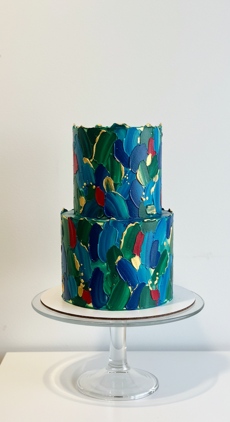 Zweistöckige Torte mit dicken, impressionistischen Pinselstrichen in Blau, Grün, Rot und Gold.