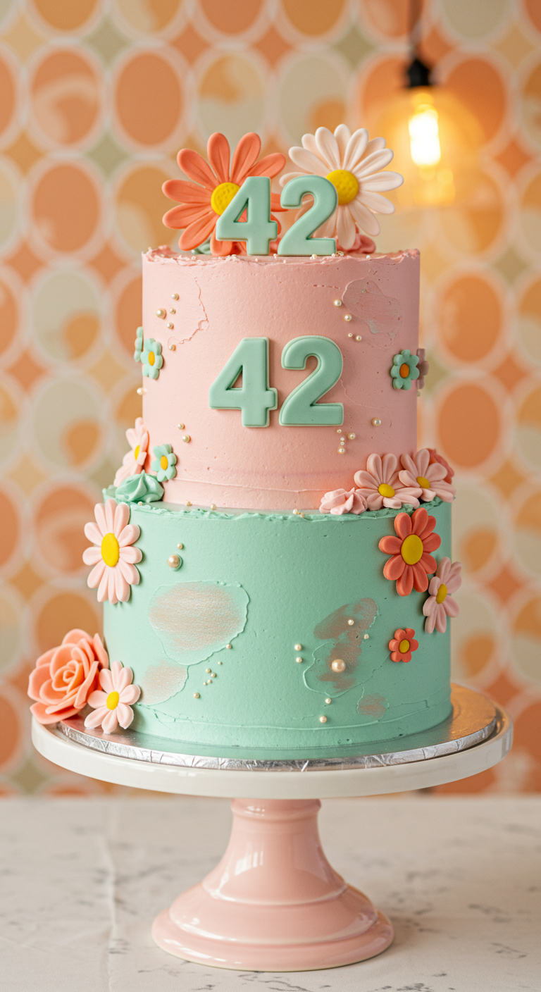 Zweistöckige Torte in Rosa und Mint mit bunten Fondant-Blumen und Zahlen '42'.