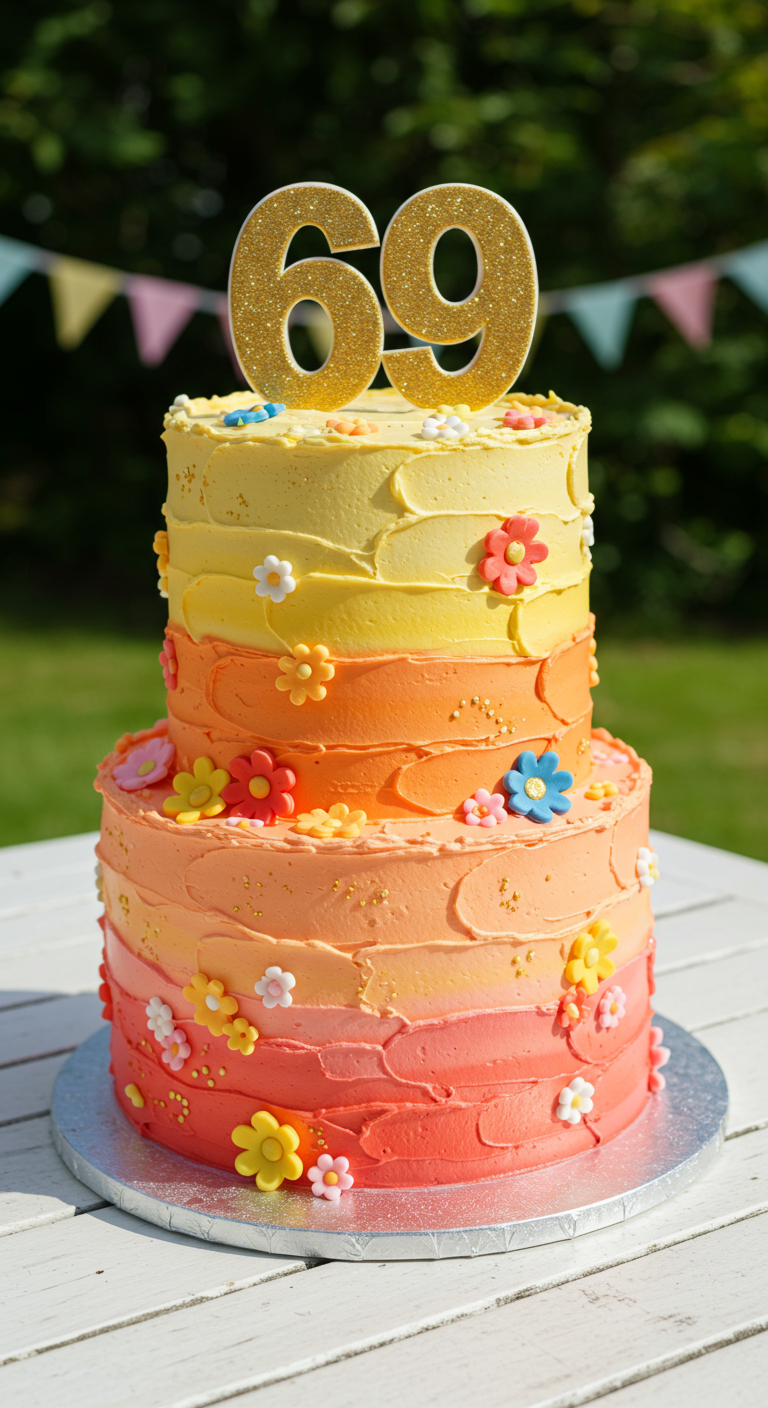 Zweistöckige Ombré-Torte (gelb-orange-pink) mit bunten Zuckerblumen und Glitzer-Zahl 69.