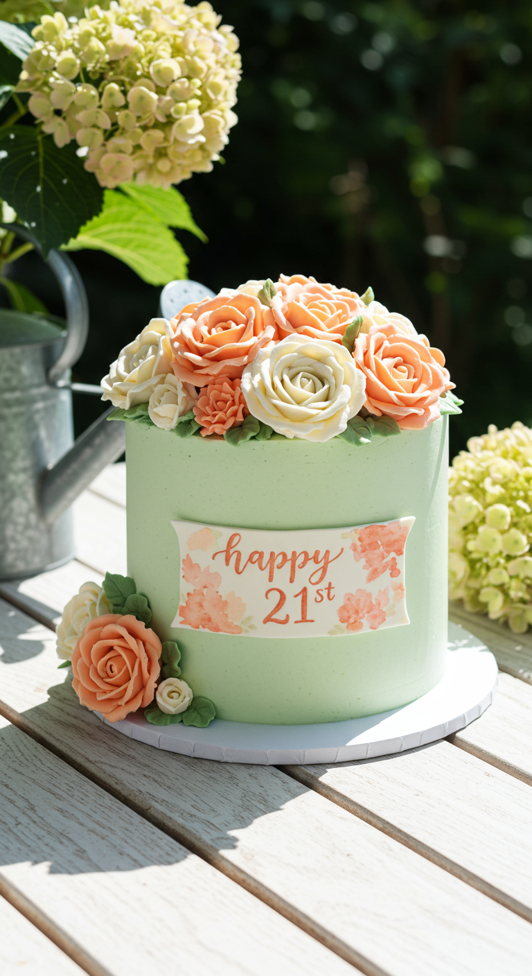 Mintgrüne Torte mit Buttercreme-Rosen in Apricot und Weiß, Happy 21st Banderole.