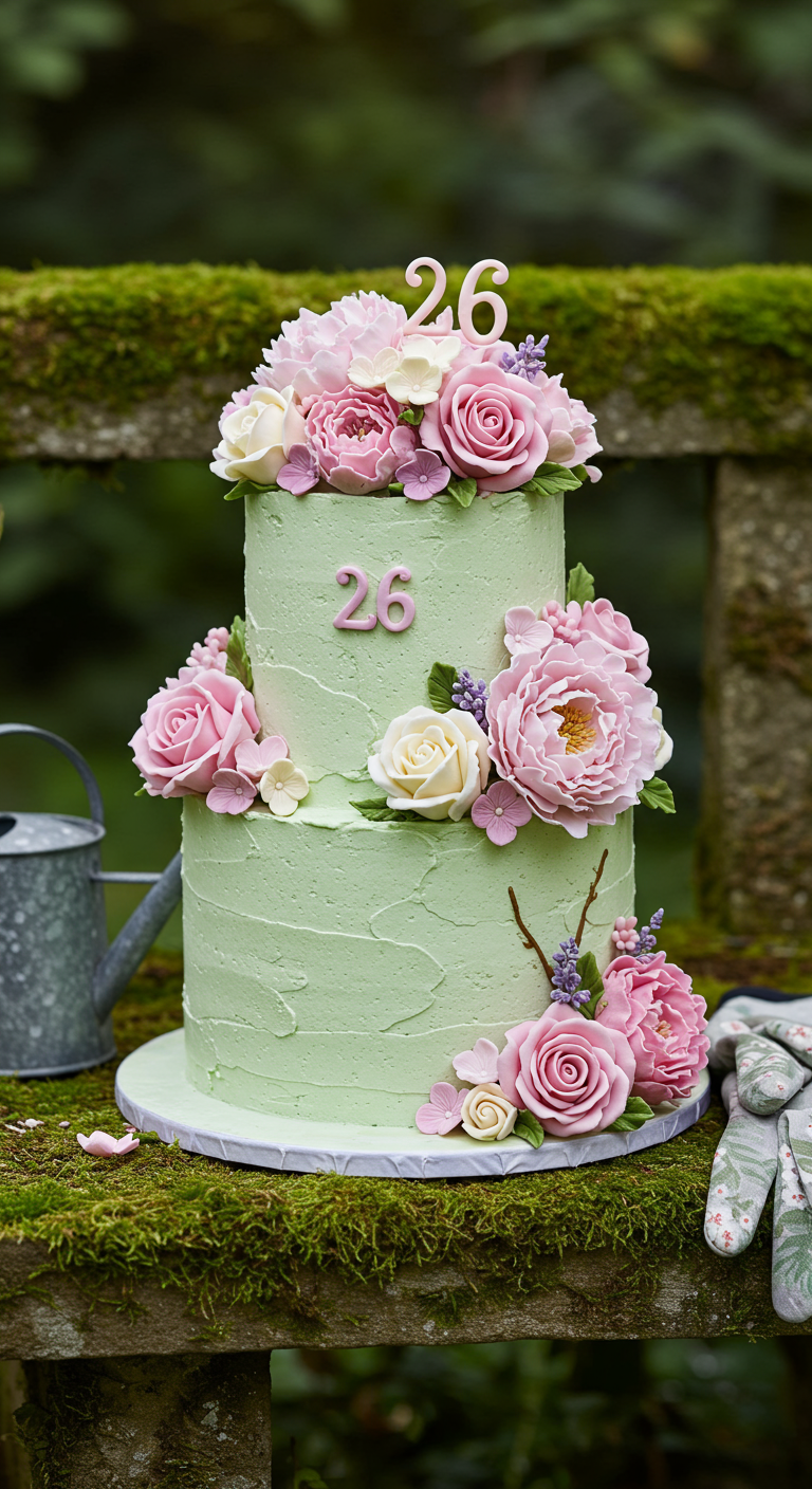 Zweistöckige hellgrüne Torte mit rosa Zuckerblumen und Zahl 26.