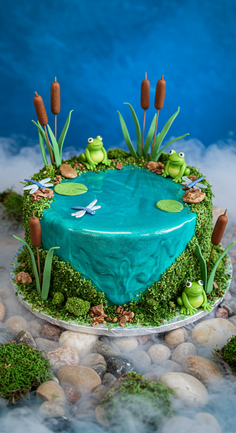 Torte als Froschteich mit Fondant-Fröschen, Rohrkolben und Moos.