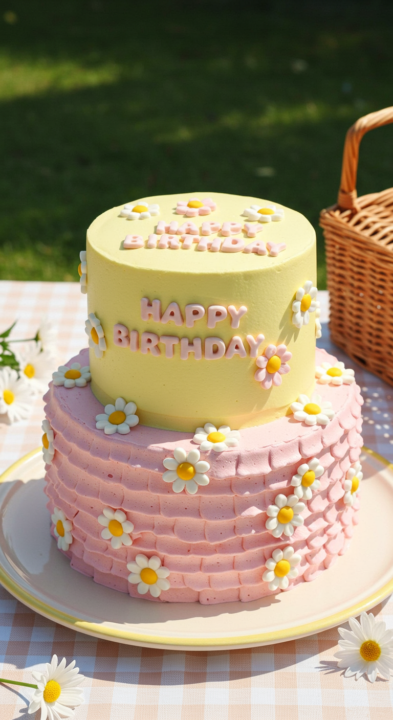 Zweistöckige Torte in Gelb und Rosa mit Gänseblümchen-Deko und