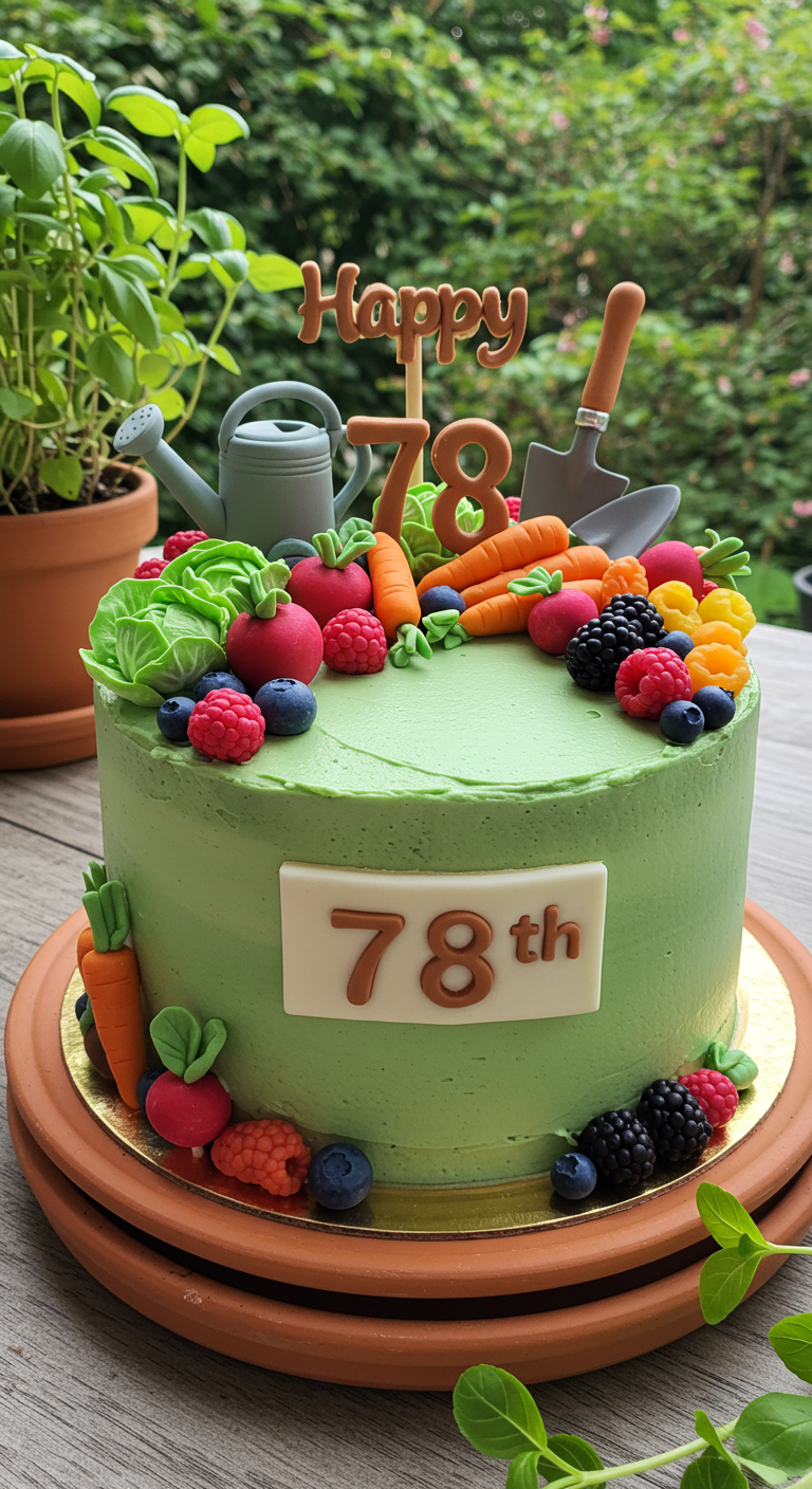 Grüne Torte dekoriert mit Marzipan-Gemüse, Beeren und Gartenwerkzeugen.