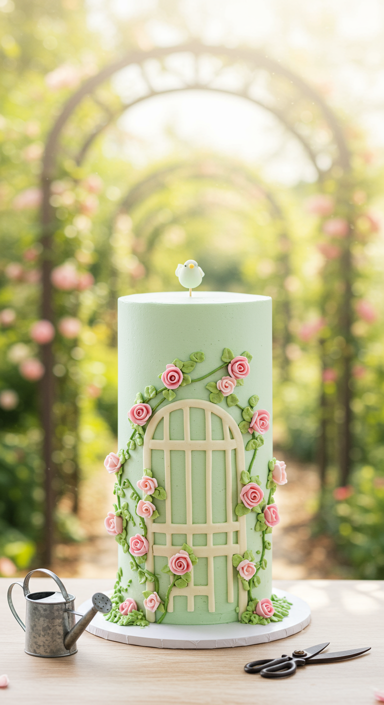 Hohe mintgrüne Torte mit aufgemaltem Spalier, daran rankende rosa Röschen und ein kleiner Vogel.
