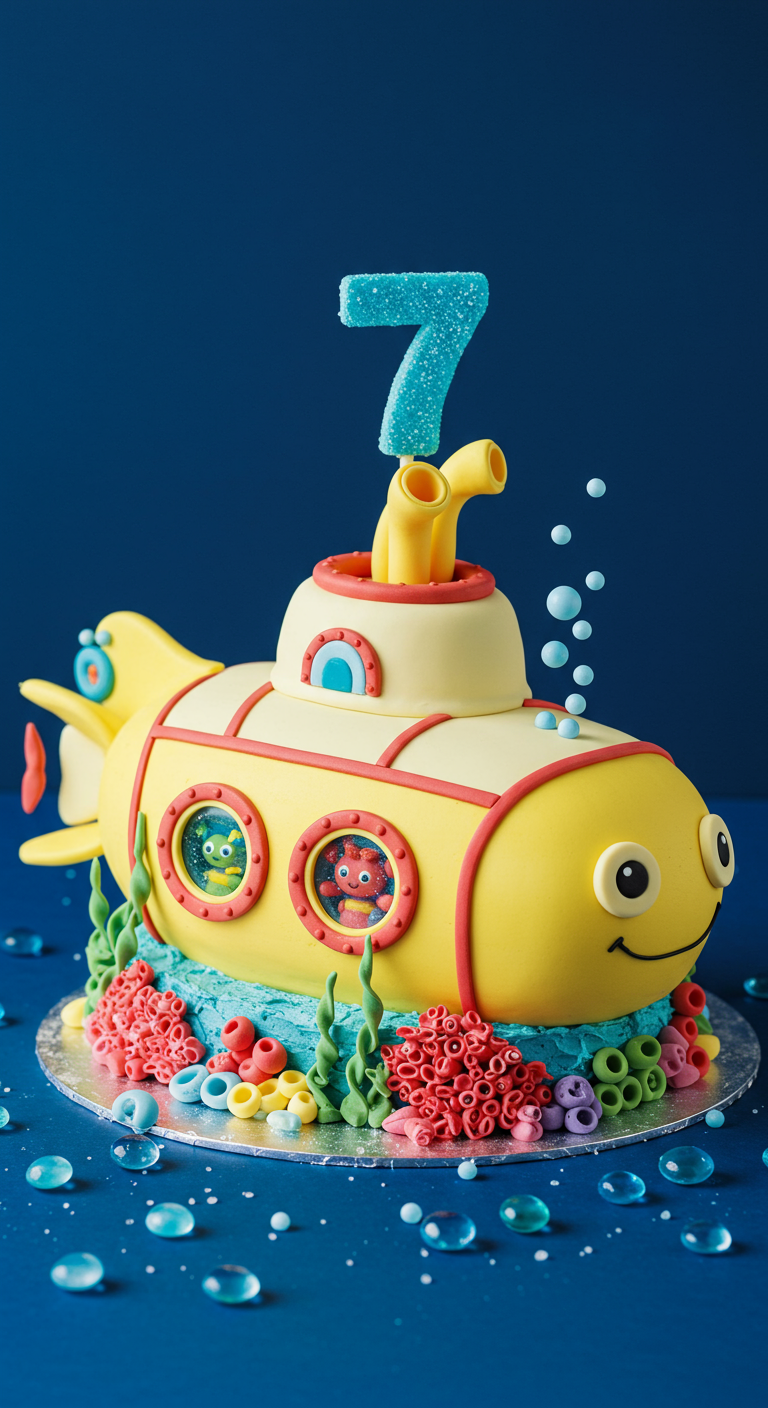 Gelber U-Boot-Kuchen mit Bullaugen und Meeresdeko.