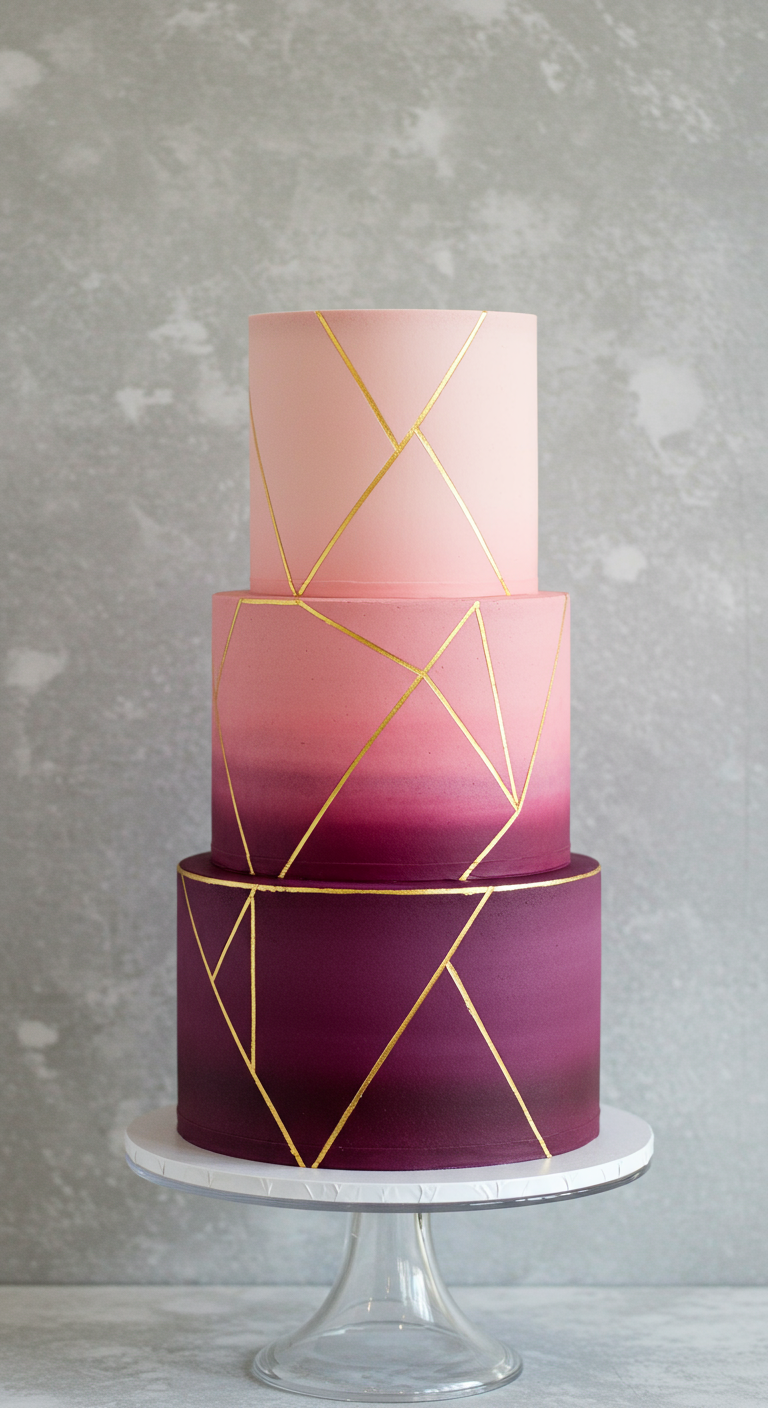 Dreistöckige Torte mit Farbverlauf und goldenen geometrischen Linien.
